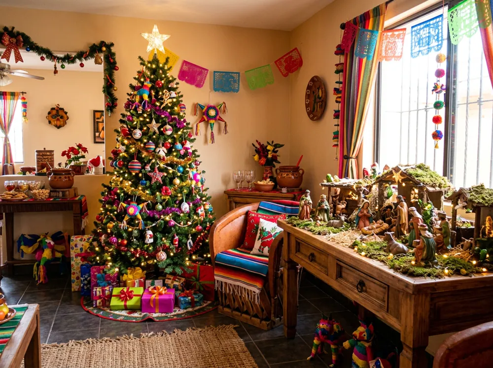 Árbol de Navidad y nacimiento decorados en la sala de una casa lista para una posada