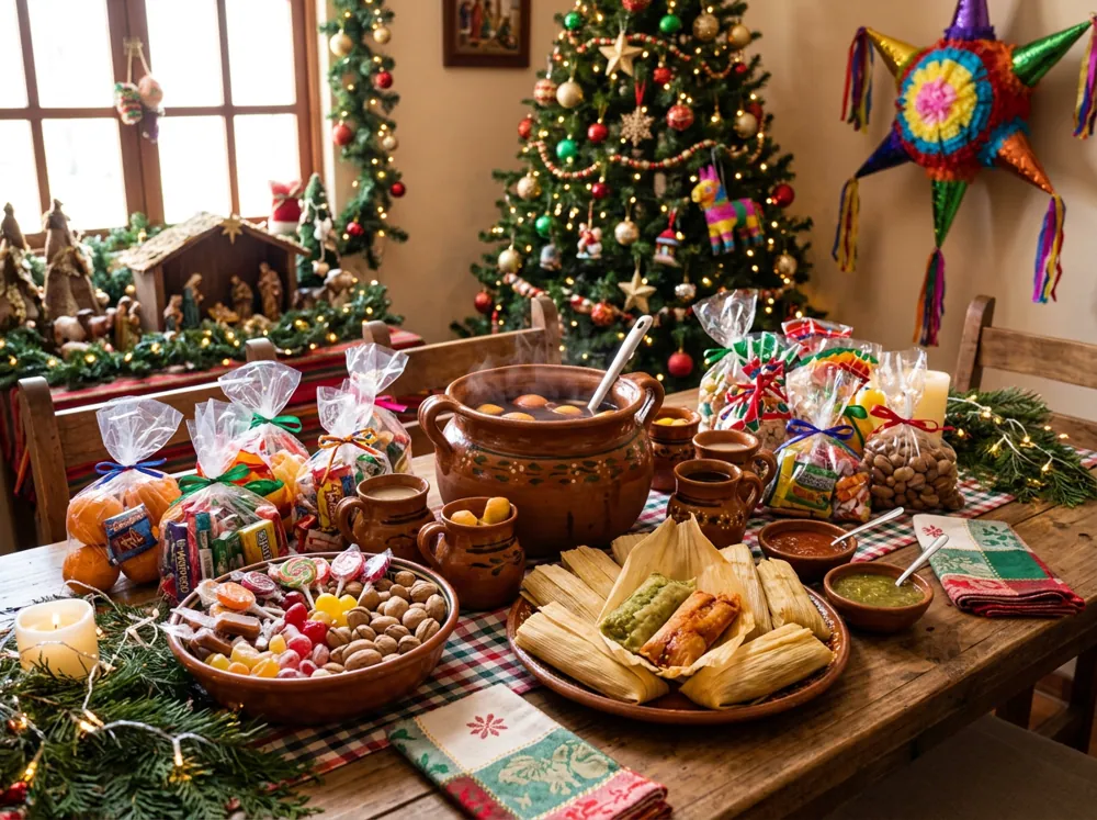 Mesa de posada con ponche, tamales, bolsitas de aguinaldo y dulces en una casa decorada para Navidad