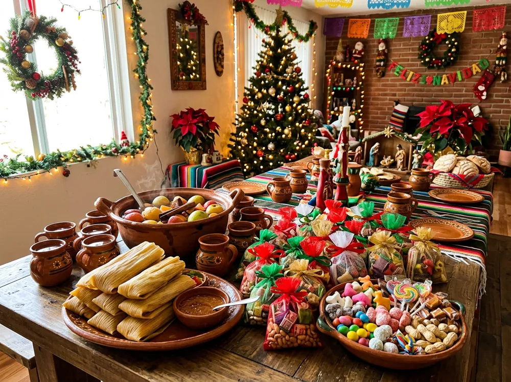 Mesa de posada con ponche, tamales, bolsitas de aguinaldo y dulces en una casa decorada para Navidad