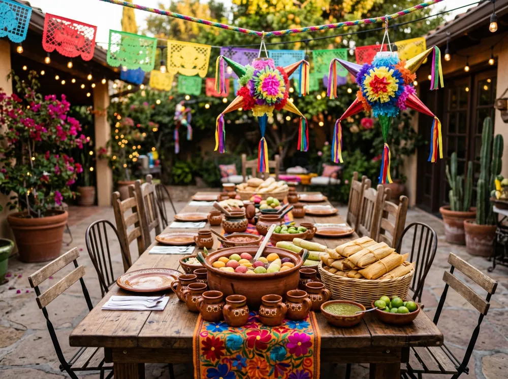 Familia reunida alrededor de una mesa larga con ponche, tamales y una piñata colgada en un patio