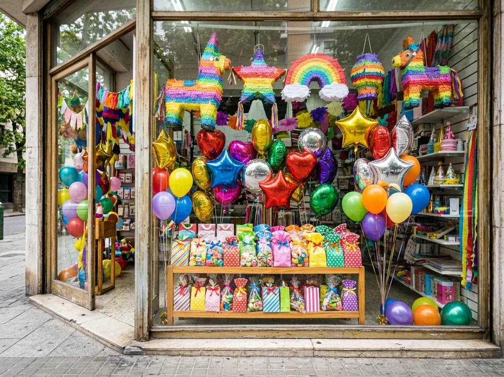 Escaparate de una tienda de cotillón con piñatas, globos metálicos y bolsitas de sorpresas para cumpleaños