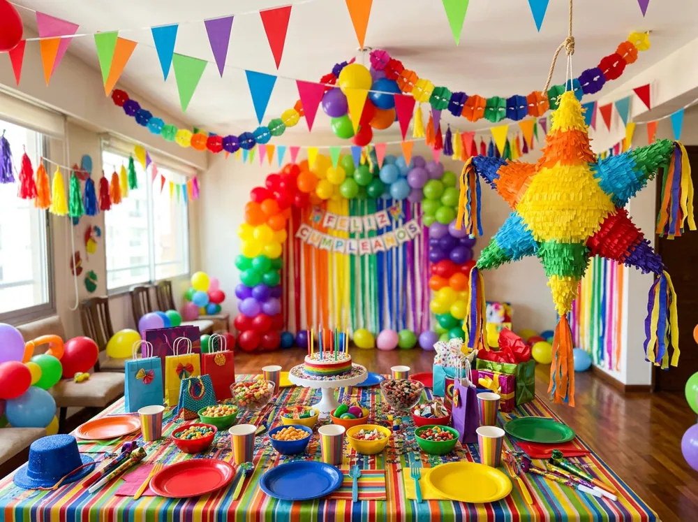 Fiesta de cumpleaños infantil con tema de colores, guirnaldas, piñata y mesa de cotillón armada