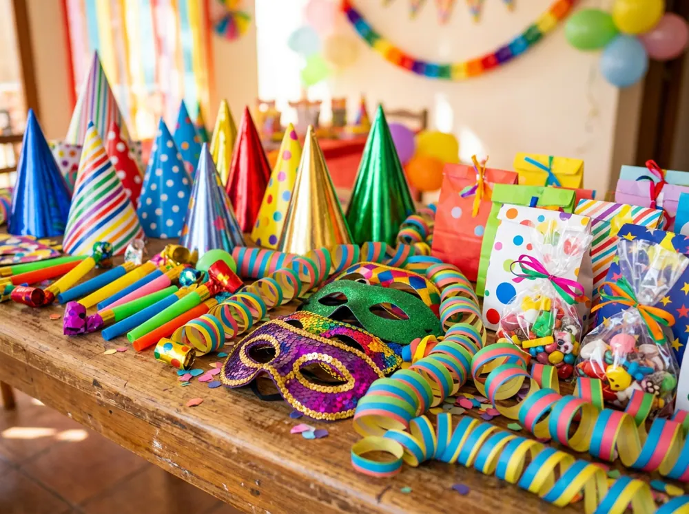 Gorros, cornetas, antifaces, serpentinas y bolsitas de sorpresas de colores sobre una mesa de fiesta