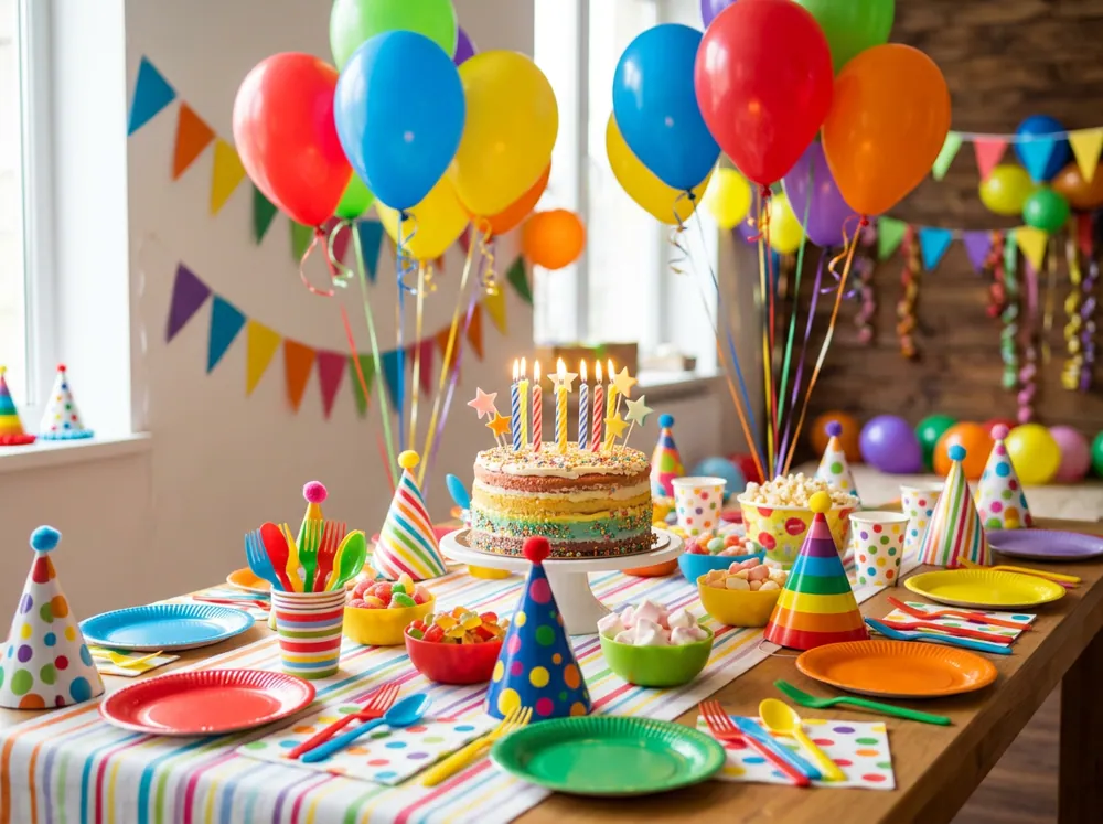 Mesa de cumpleaños infantil con gorros de colores, platos descartables, globos y una torta con velitas
