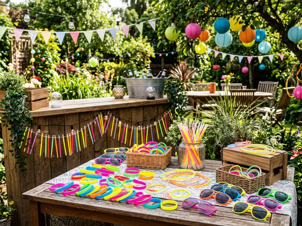 Jóvenes en una fiesta con pulseras, anteojos y collares luminosos de colores en la oscuridad