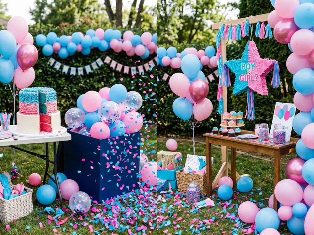 Distintas revelaciones de género sin fuego, con globos, pastel, piñata y confeti rosa y azul