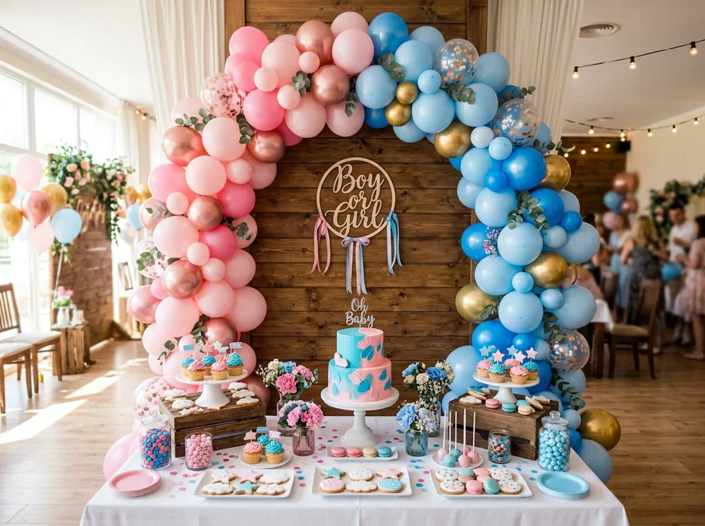Arco de globos mitad rosa mitad azul con letrero de niño o niña frente a una mesa de postres