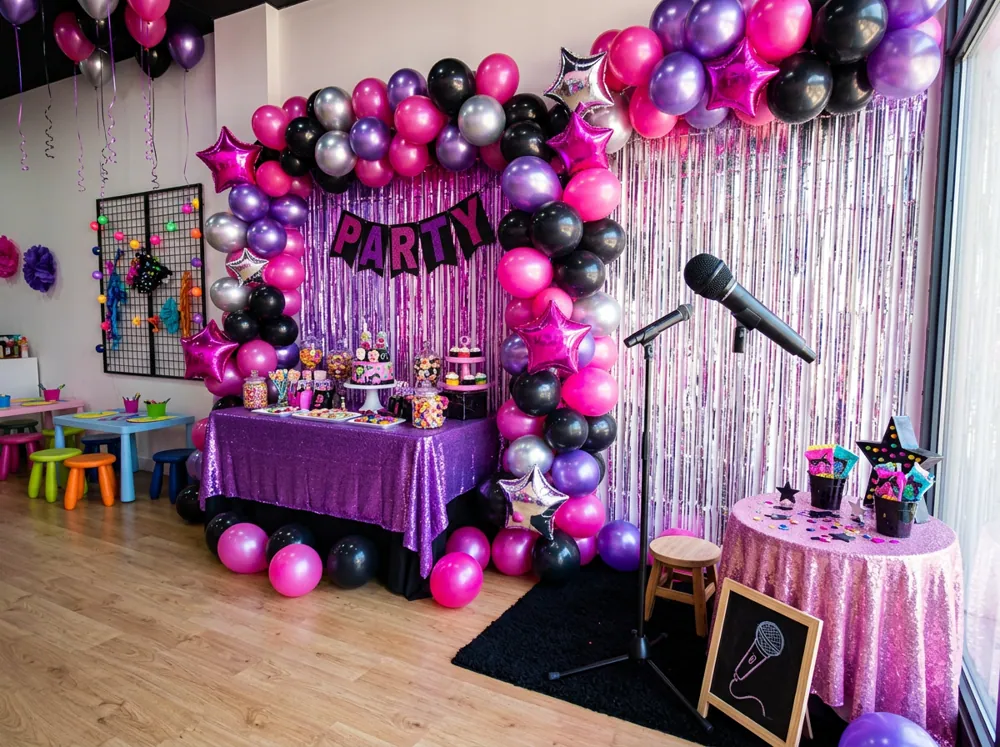 Fiesta infantil en rosa neón, morado y negro con cortina metálica plateada, globos metálicos y un rincón con micrófono