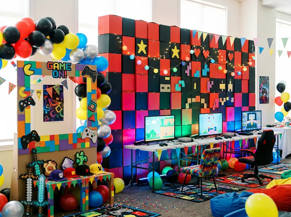 Fiesta de videojuegos para niños con pared de cubos de cartón rojos y negros, luces de colores y un marco de cartón para fotos