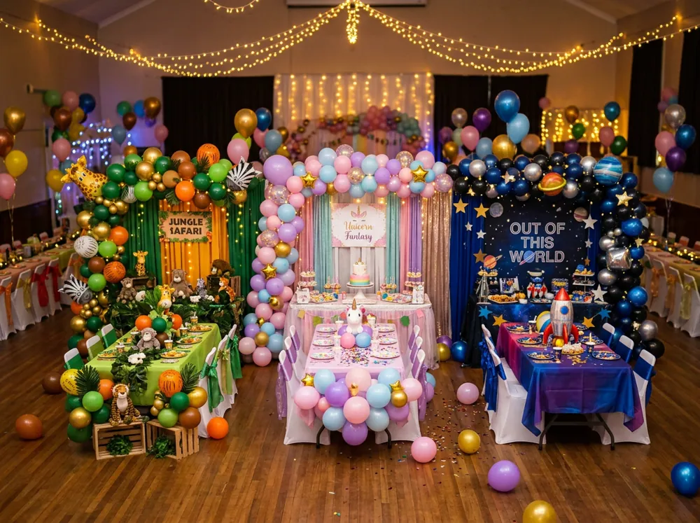 Decoraciones de fiestas infantiles de distintos temas con globos de colores, letreros y centros de mesa a juego