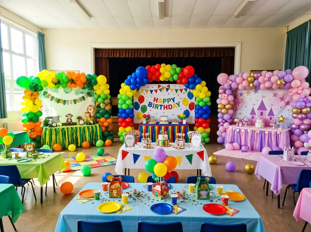 Decoraciones de fiestas infantiles de distintos temas con globos de colores, letreros y centros de mesa a juego