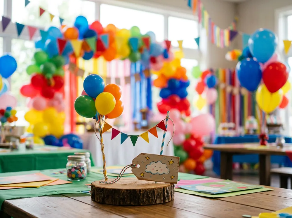 Decoraciones de fiestas infantiles de distintos temas con globos de colores, letreros y centros de mesa a juego