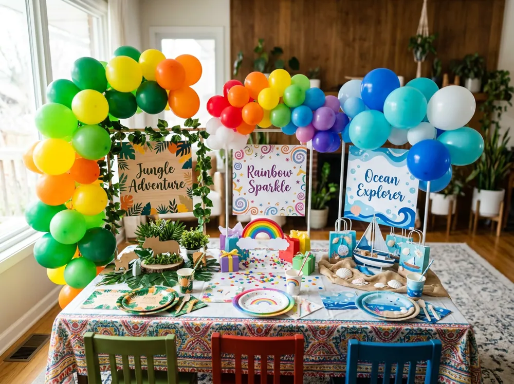 Decoraciones de fiestas infantiles de distintos temas con globos de colores, letreros y centros de mesa a juego