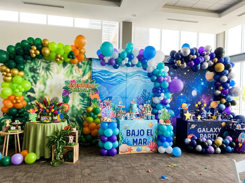 Decoraciones de fiestas infantiles de distintos temas con globos de colores, letreros y centros de mesa a juego