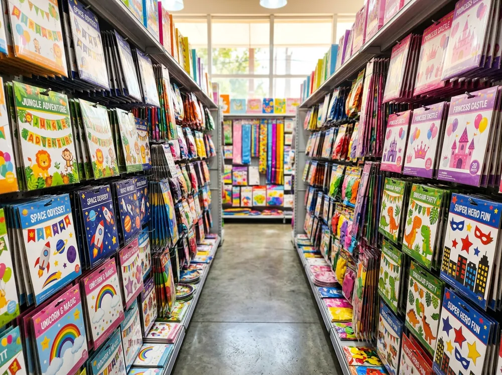 Pasillo de una tienda de cotillón con kits de decoración de cumpleaños de varios temas infantiles